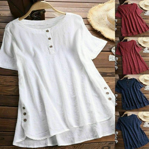 The Best Plus Size Women Summer Button Crew Neck Blouses Loose Baggy Tops Tunic Shirts Ladies Casual Solid Short Sleeve Blouse Online - Takalr