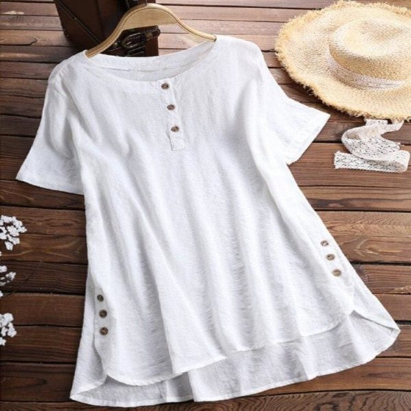 The Best Plus Size Women Summer Button Crew Neck Blouses Loose Baggy Tops Tunic Shirts Ladies Casual Solid Short Sleeve Blouse Online - Takalr