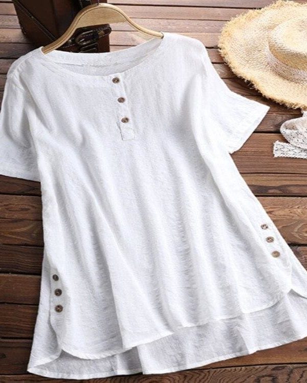 The Best Plus Size Women Summer Button Crew Neck Blouses Loose Baggy Tops Tunic Shirts Ladies Casual Solid Short Sleeve Blouse Online - Takalr