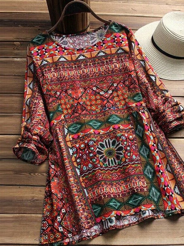 The Best Plus Size Women Summer Floral Crew Neck Tops New Fashion Long Sleeve Loose Baggy Tops Tunic Casual Floral Print T-Shirts Top Online - Takalr