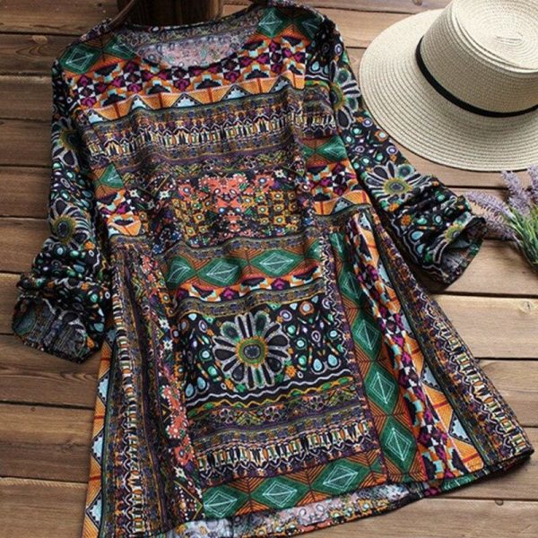 The Best Plus Size Women Summer Floral Crew Neck Tops New Fashion Long Sleeve Loose Baggy Tops Tunic Casual Floral Print T-Shirts Top Online - Takalr