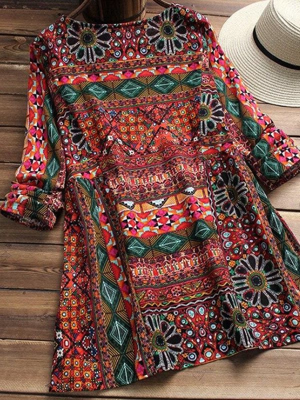 The Best Plus Size Women Summer Floral Crew Neck Tops New Fashion Long Sleeve Loose Baggy Tops Tunic Casual Floral Print T-Shirts Top Online - Takalr