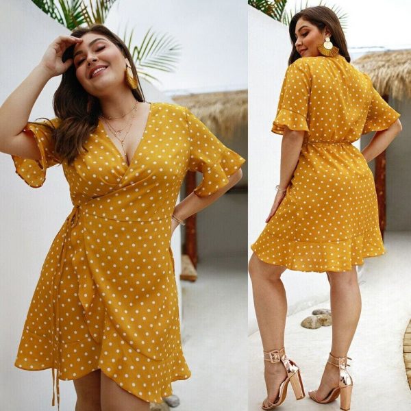 The Best Plus Size Women Summer High Waist Polka Dot Boho Beach Dress New Fashion Ladies Beach Dress Casual Short Sleeve V-Neck Sundress Online - Takalr