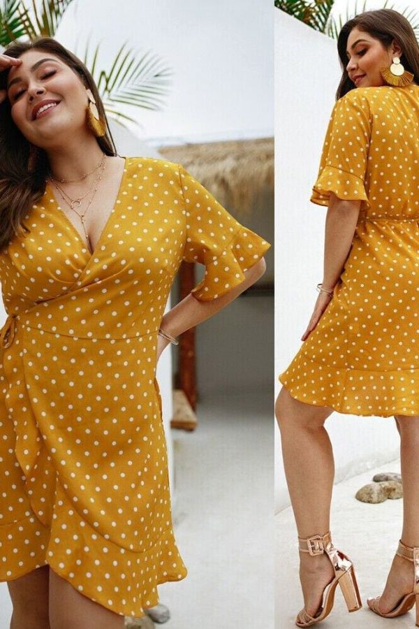 The Best Plus Size Women Summer High Waist Polka Dot Boho Beach Dress New Fashion Ladies Beach Dress Casual Short Sleeve V-Neck Sundress Online - Takalr