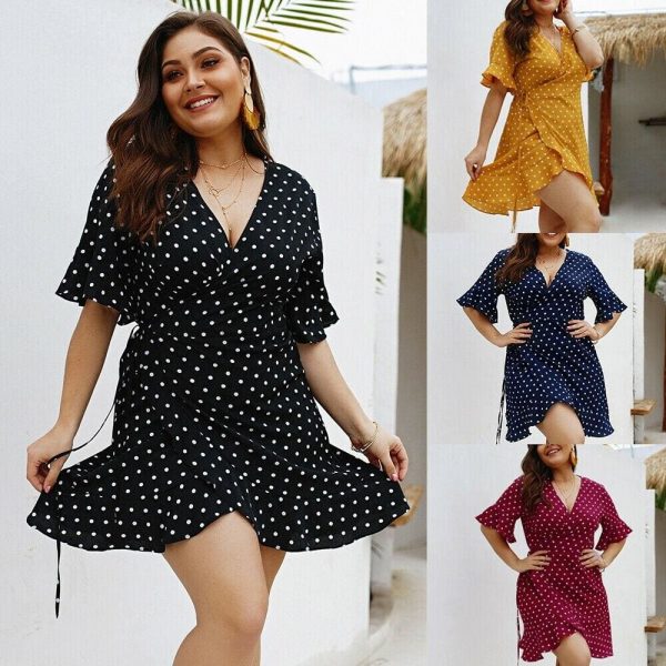 The Best Plus Size Women Summer High Waist Polka Dot Boho Beach Dress New Fashion Ladies Beach Dress Casual Short Sleeve V-Neck Sundress Online - Takalr