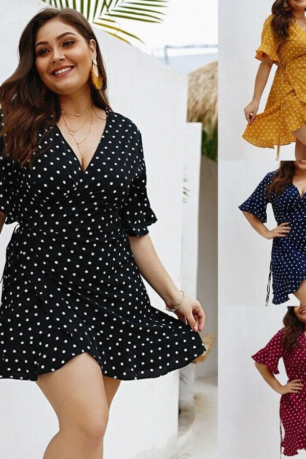 The Best Plus Size Women Summer High Waist Polka Dot Boho Beach Dress New Fashion Ladies Beach Dress Casual Short Sleeve V-Neck Sundress Online - Takalr