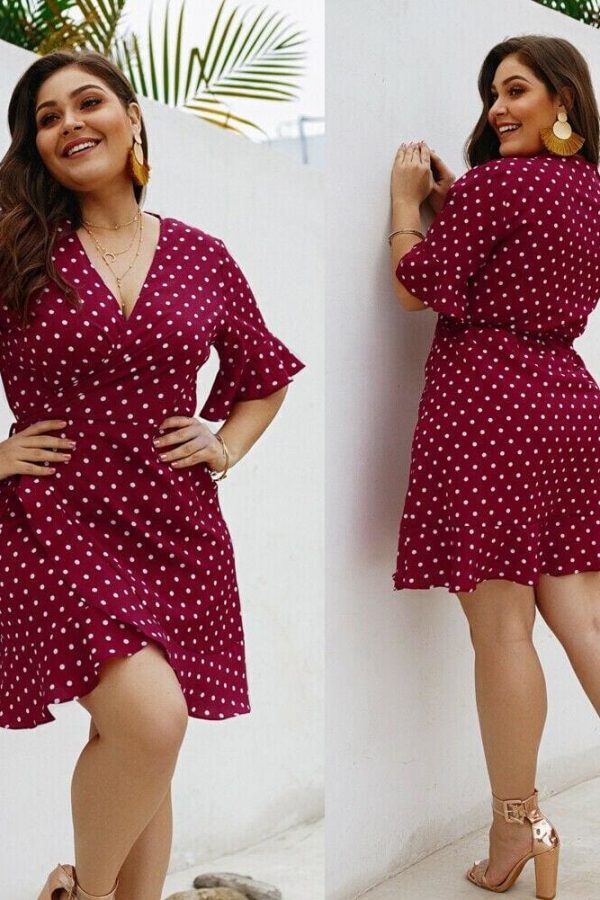 The Best Plus Size Women Summer High Waist Polka Dot Boho Beach Dress New Fashion Ladies Beach Dress Casual Short Sleeve V-Neck Sundress Online - Takalr