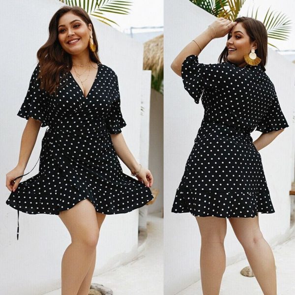 The Best Plus Size Women Summer High Waist Polka Dot Boho Beach Dress New Fashion Ladies Beach Dress Casual Short Sleeve V-Neck Sundress Online - Takalr