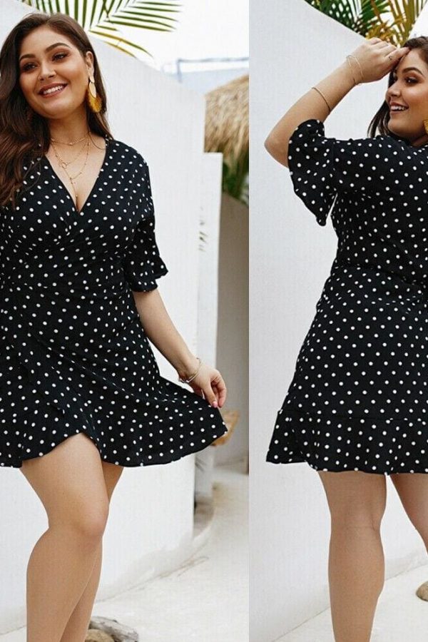 The Best Plus Size Women Summer High Waist Polka Dot Boho Beach Dress New Fashion Ladies Beach Dress Casual Short Sleeve V-Neck Sundress Online - Takalr