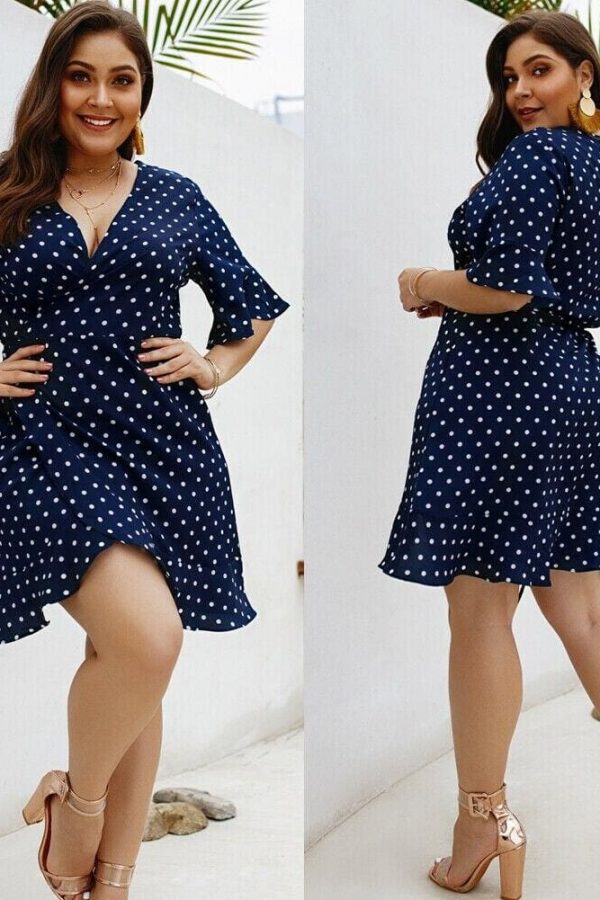 The Best Plus Size Women Summer High Waist Polka Dot Boho Beach Dress New Fashion Ladies Beach Dress Casual Short Sleeve V-Neck Sundress Online - Takalr