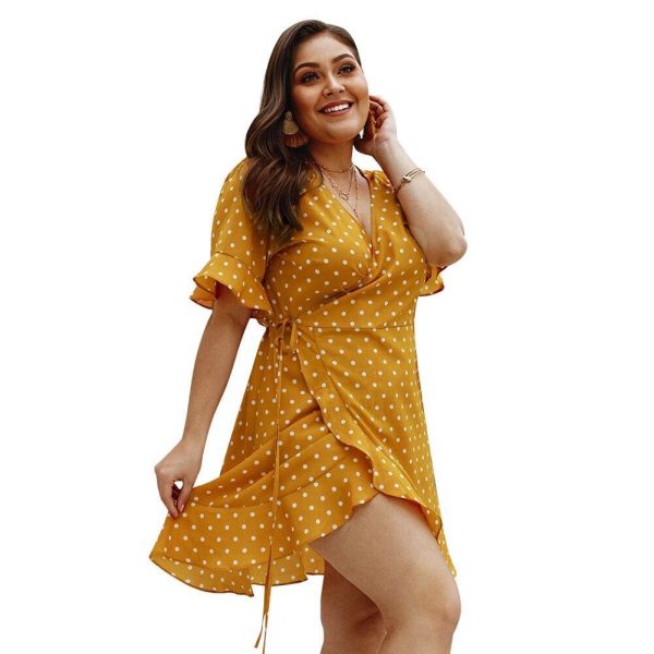 The Best Plus Size Women Summer High Waist Polka Dot Boho Beach Dress New Fashion Ladies Beach Dress Casual Short Sleeve V-Neck Sundress Online - Takalr