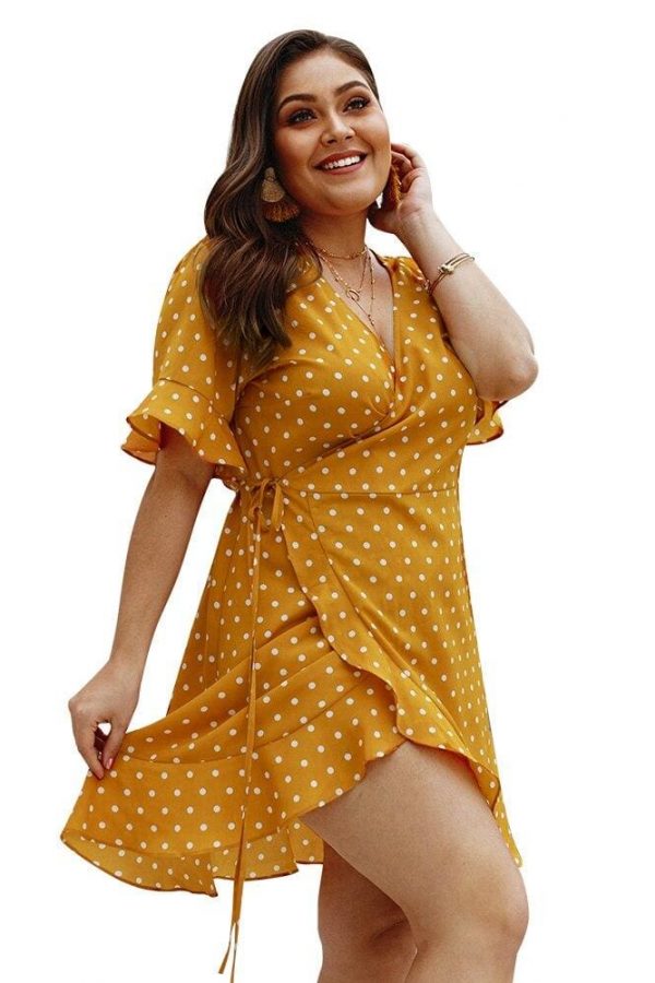 The Best Plus Size Women Summer High Waist Polka Dot Boho Beach Dress New Fashion Ladies Beach Dress Casual Short Sleeve V-Neck Sundress Online - Takalr