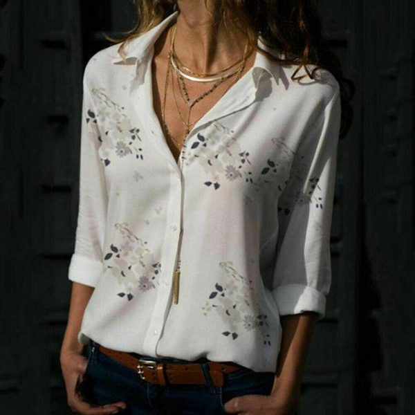 The Best Plus Size Women's Summer Floral Long Sleeve Button V-Neck Shirts Ladies Casual Loose Office Work Blouse Tops Online - Takalr