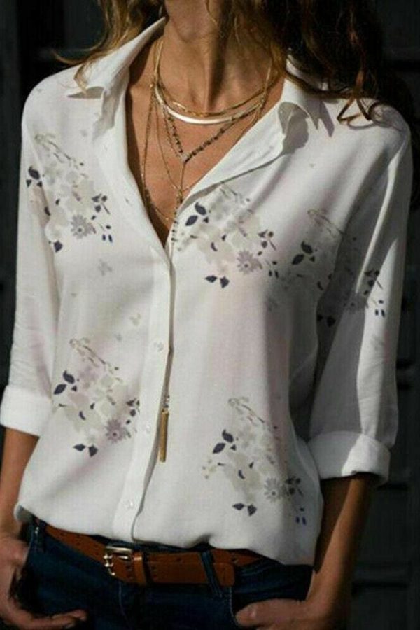 The Best Plus Size Women's Summer Floral Long Sleeve Button V-Neck Shirts Ladies Casual Loose Office Work Blouse Tops Online - Takalr