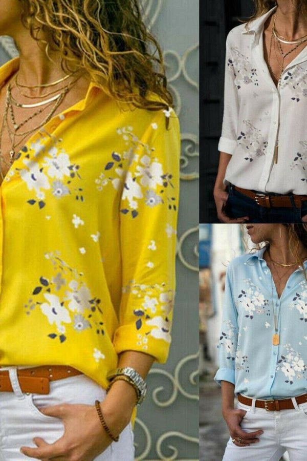 The Best Plus Size Women's Summer Floral Long Sleeve Button V-Neck Shirts Ladies Casual Loose Office Work Blouse Tops Online - Takalr