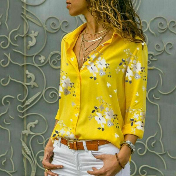 The Best Plus Size Women's Summer Floral Long Sleeve Button V-Neck Shirts Ladies Casual Loose Office Work Blouse Tops Online - Takalr