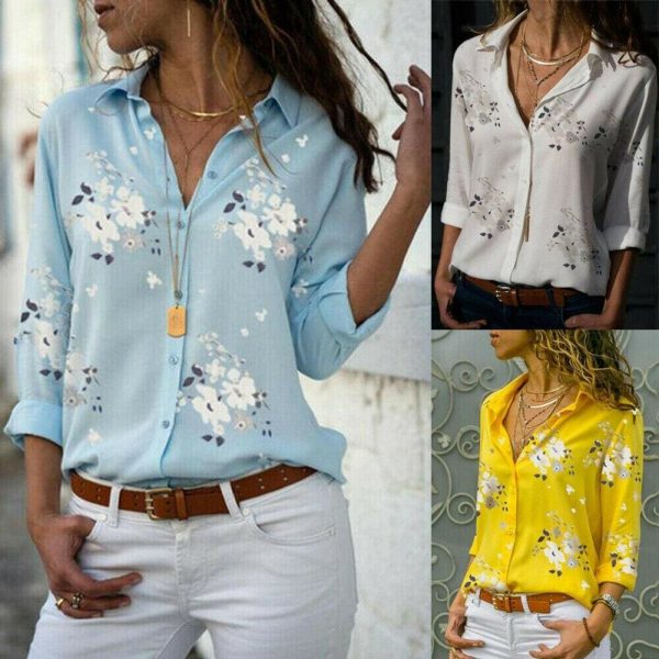 The Best Plus Size Women's Summer Floral Long Sleeve Button V-Neck Shirts Ladies Casual Loose Office Work Blouse Tops Online - Takalr