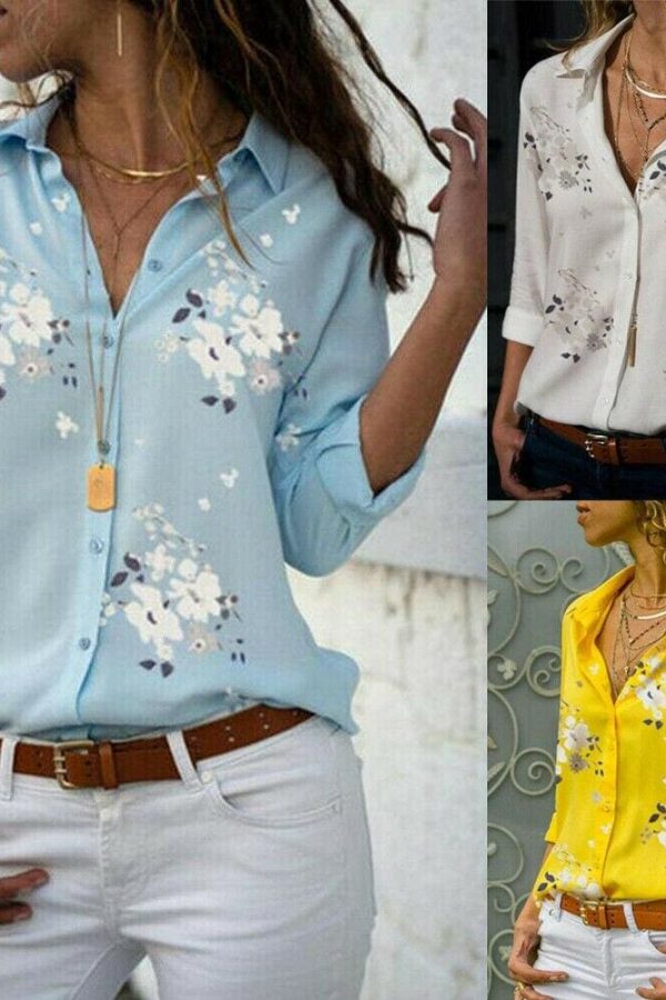 The Best Plus Size Women's Summer Floral Long Sleeve Button V-Neck Shirts Ladies Casual Loose Office Work Blouse Tops Online - Takalr