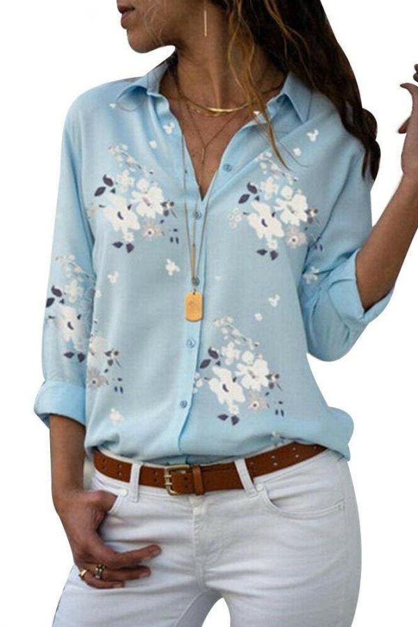 The Best Plus Size Women's Summer Floral Long Sleeve Button V-Neck Shirts Ladies Casual Loose Office Work Blouse Tops Online - Takalr