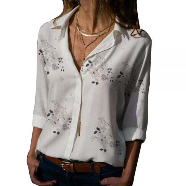 The Best Plus Size Women's Summer Floral Long Sleeve Button V-Neck Shirts Ladies Casual Loose Office Work Blouse Tops Online - Takalr