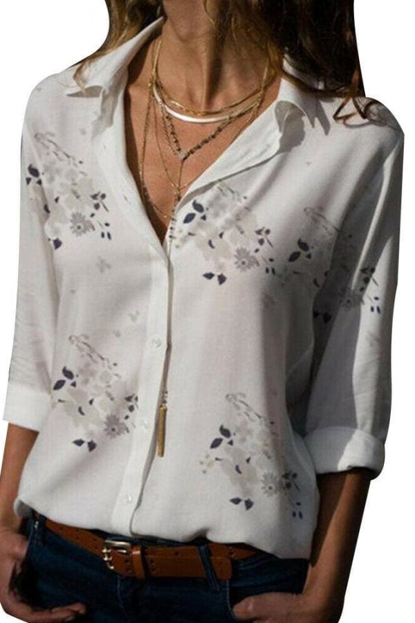 The Best Plus Size Women's Summer Floral Long Sleeve Button V-Neck Shirts Ladies Casual Loose Office Work Blouse Tops Online - Takalr