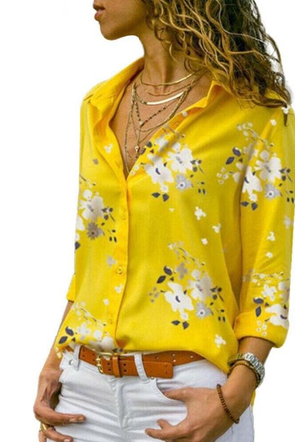 The Best Plus Size Women's Summer Floral Long Sleeve Button V-Neck Shirts Ladies Casual Loose Office Work Blouse Tops Online - Takalr