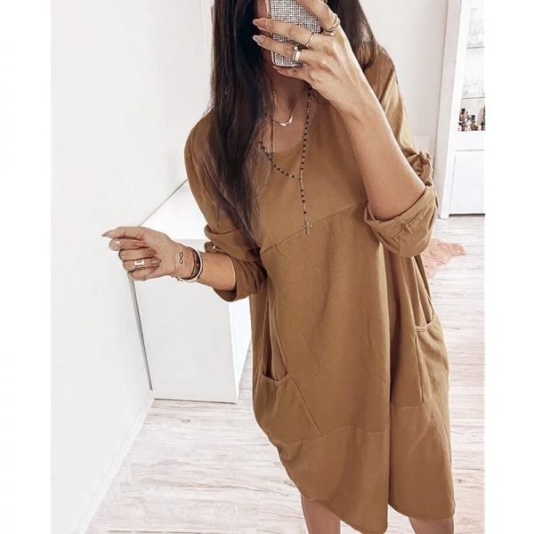 The Best Pocket Casual Dress Women Loose O-Neck Pocket Solid Color Dress Female Vestidos Online - Takalr