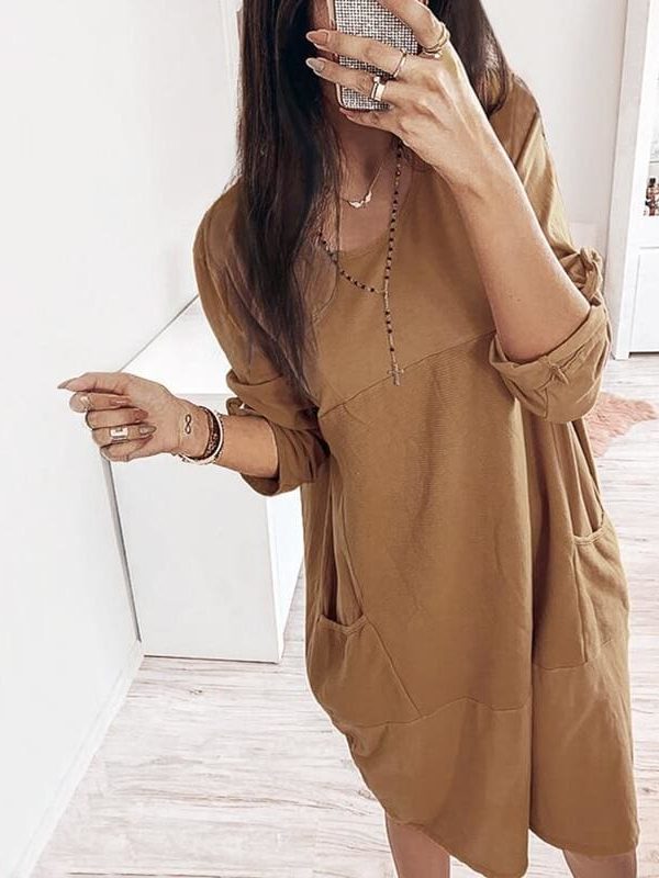 The Best Pocket Casual Dress Women Loose O-Neck Pocket Solid Color Dress Female Vestidos Online - Takalr