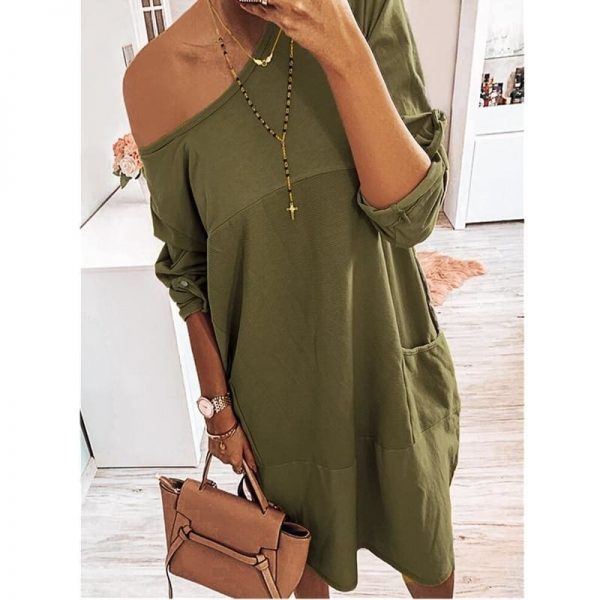 The Best Pocket Casual Dress Women Loose O-Neck Pocket Solid Color Dress Female Vestidos Online - Takalr