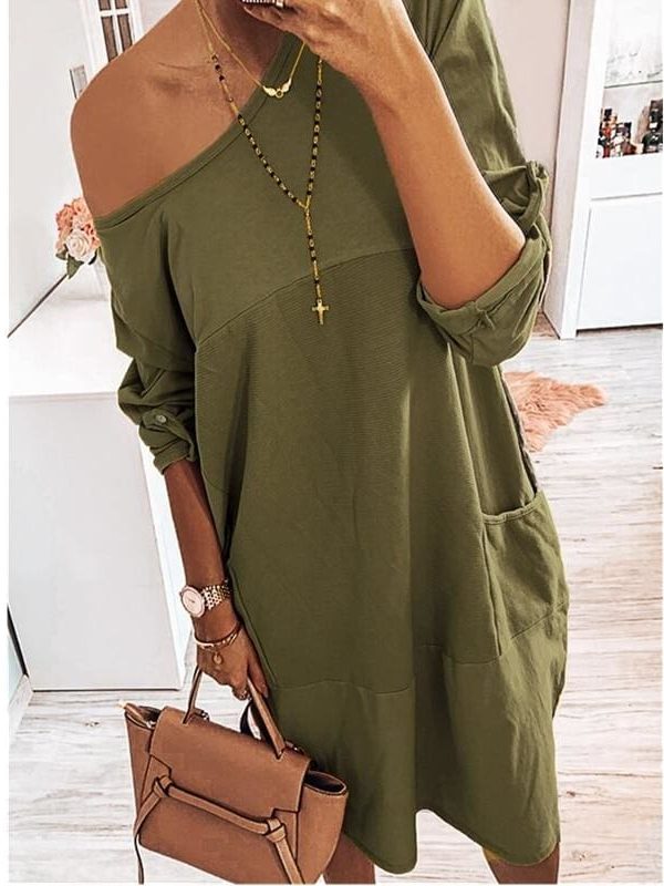 The Best Pocket Casual Dress Women Loose O-Neck Pocket Solid Color Dress Female Vestidos Online - Takalr