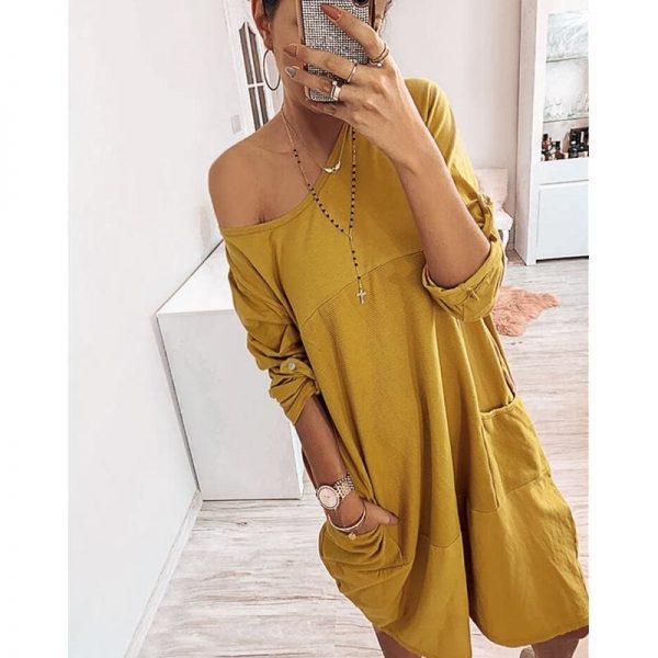 The Best Pocket Casual Dress Women Loose O-Neck Pocket Solid Color Dress Female Vestidos Online - Takalr