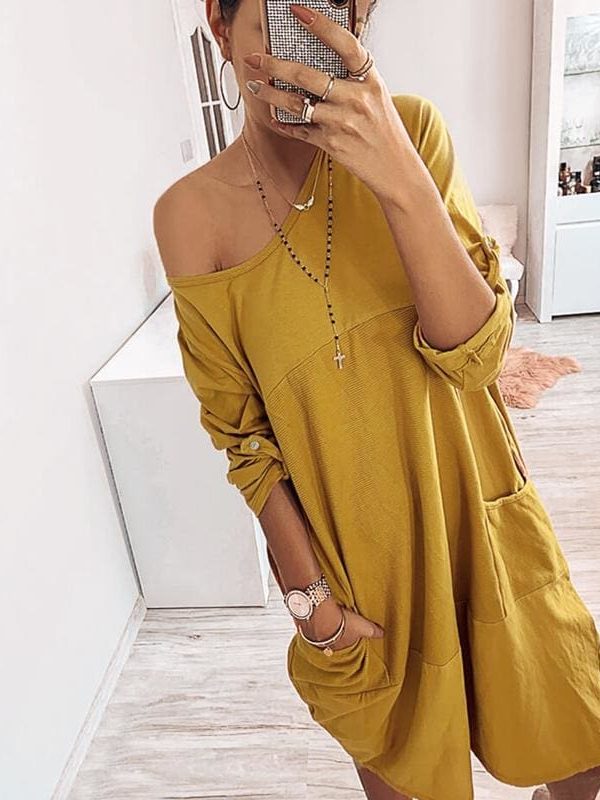 The Best Pocket Casual Dress Women Loose O-Neck Pocket Solid Color Dress Female Vestidos Online - Takalr