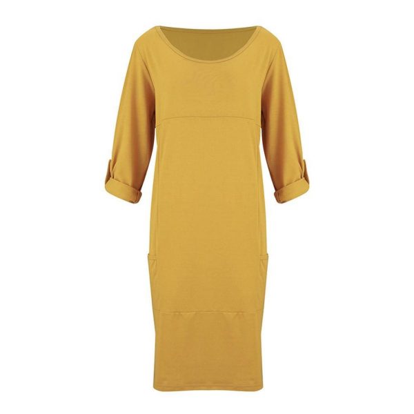 The Best Pocket Casual Dress Women Loose O-Neck Pocket Solid Color Dress Female Vestidos Online - Takalr