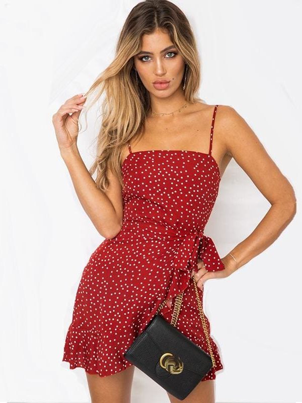 The Best Print Ruffled Wrap Dress Women Strap Mini Sundress Online - Takalr