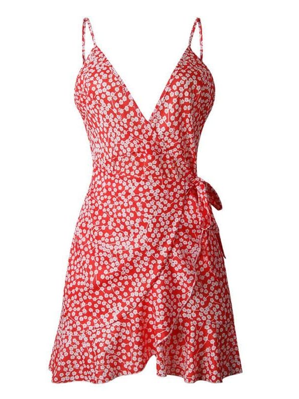 The Best Print Ruffled Wrap Dress Women Strap Mini Sundress Online - Takalr