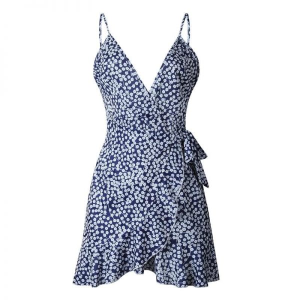 The Best Print Ruffled Wrap Dress Women Strap Mini Sundress Online - Takalr