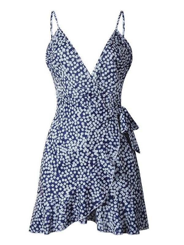 The Best Print Ruffled Wrap Dress Women Strap Mini Sundress Online - Takalr