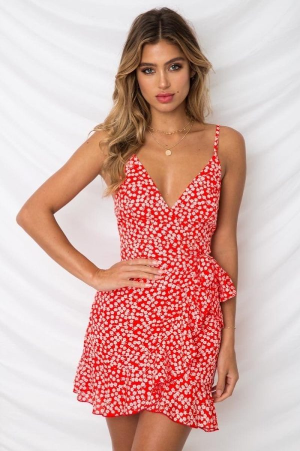 The Best Print Ruffled Wrap Dress Women Strap Mini Sundress Online - Takalr