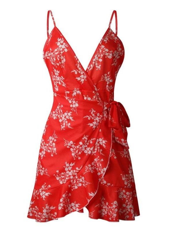 The Best Print Ruffled Wrap Dress Women Strap Mini Sundress Online - Takalr