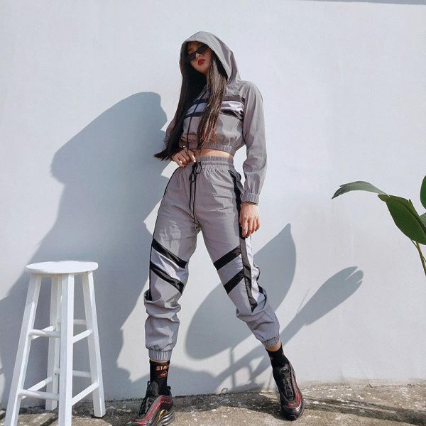 Silver Reflective Color Block Sports Hoodie Pants Suit Set - Takalr