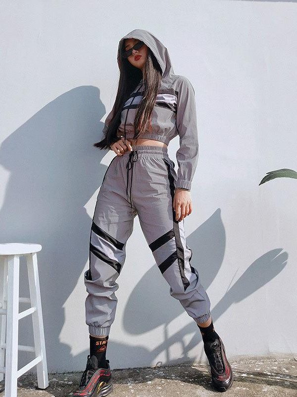 Silver Reflective Color Block Sports Hoodie Pants Suit Set - Takalr