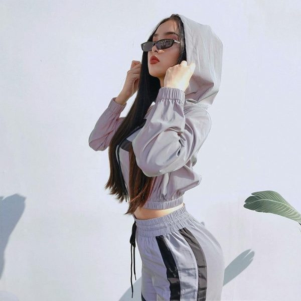 Silver Reflective Color Block Sports Hoodie Pants Suit Set - Takalr