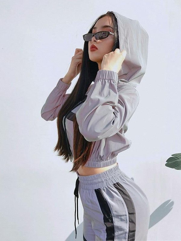 Silver Reflective Color Block Sports Hoodie Pants Suit Set - Takalr