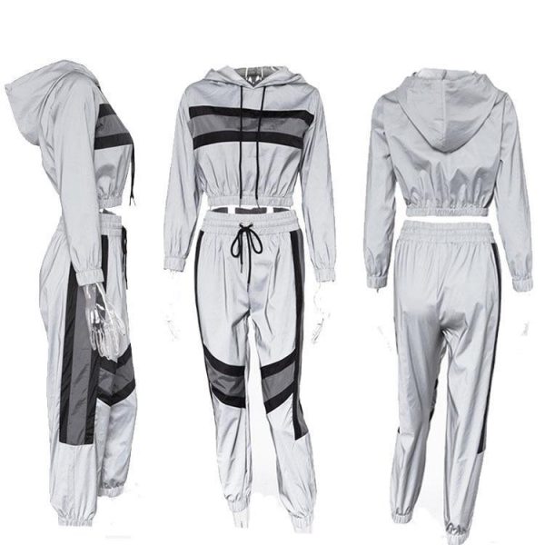 Silver Reflective Color Block Sports Hoodie Pants Suit Set - Takalr