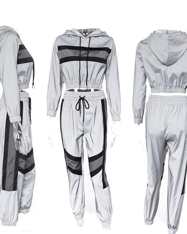 Silver Reflective Color Block Sports Hoodie Pants Suit Set - Takalr