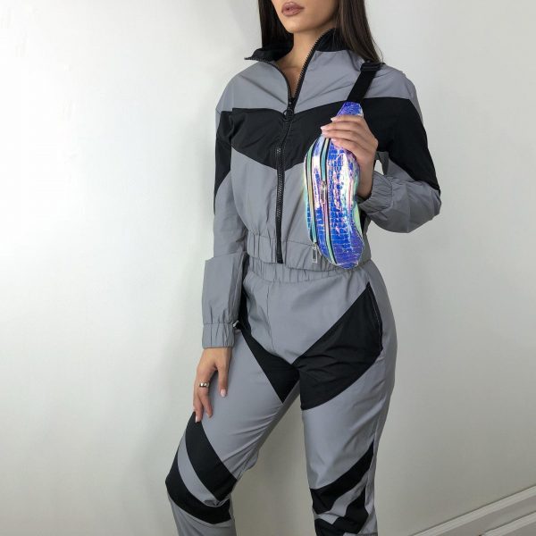 Silver Black Reflective Color Block Sports Hoodie Pants Suit Set - Takalr