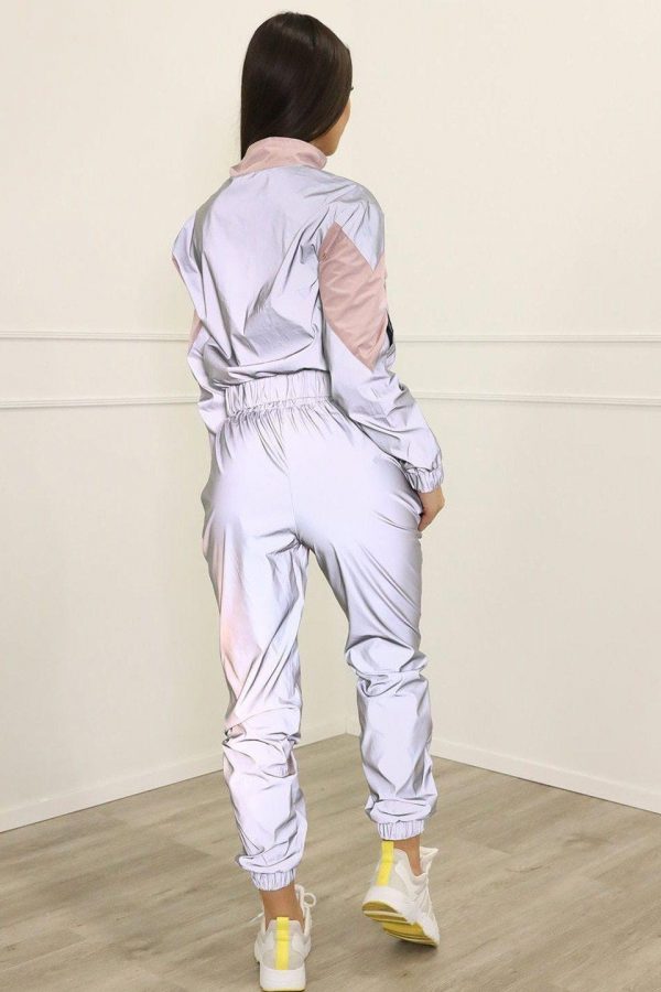 Silver Black Reflective Color Block Sports Hoodie Pants Suit Set - Takalr