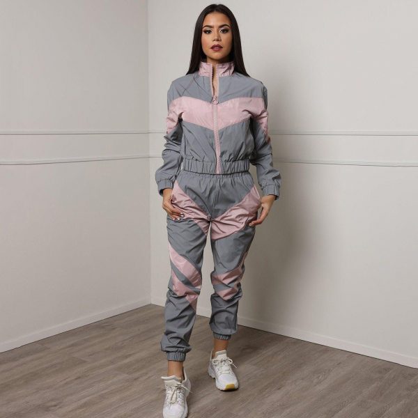 Silver Black Reflective Color Block Sports Hoodie Pants Suit Set - Takalr