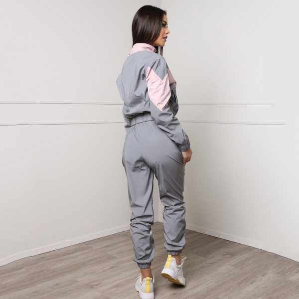 Silver Black Reflective Color Block Sports Hoodie Pants Suit Set - Takalr