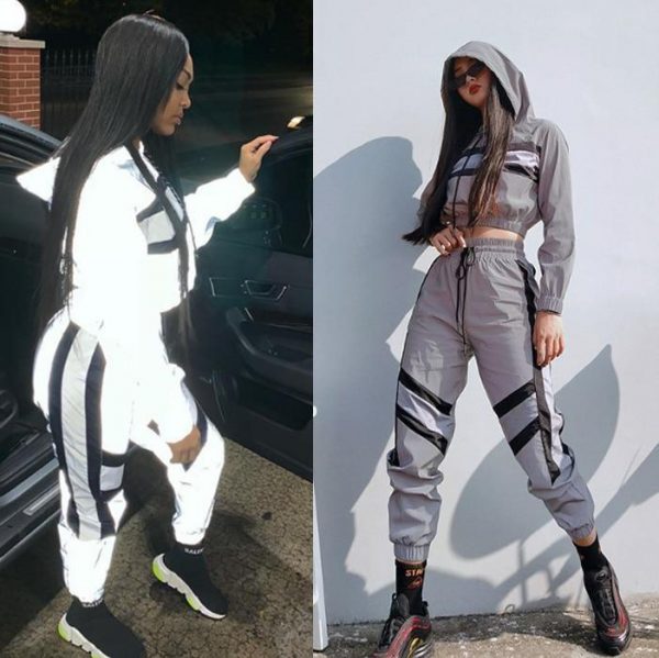 Silver Reflective Color Block Sports Hoodie Pants Suit Set - Takalr